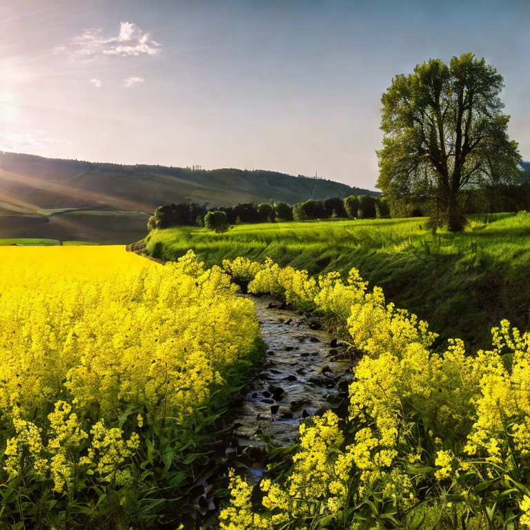 Creek with rapeseed flowers